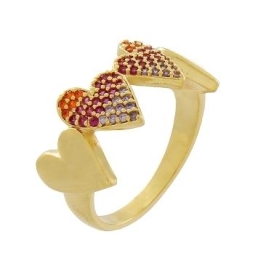 ANEL COM 2 CORAÇÕES CRAVEJADOS E 2 LISOS BANHADO A OURO 18K