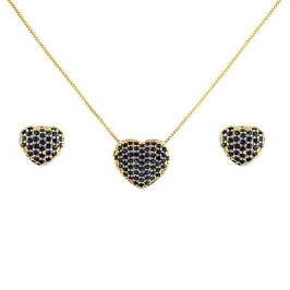 CONJUNTO CORACAO CRAVEJADO AZUL SAFIRA BANHADO A OURO 18K TAM45CM