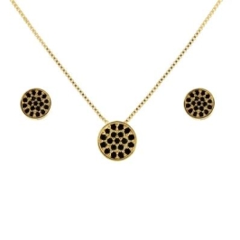 CONJUNTO REDONDINHO CRAVEJADO PRETO BANHADO A OURO 18K TAM45CM