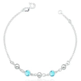 PULSEIRA DE PRATA 925 COM 2 ZIRCÔNIAS AZUL CLARO E 3 BOLINHAS