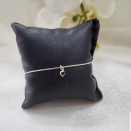 PULSEIRA DE PRATA 925 PINGENTE PEDRA CORAÇÃO VERDE  TAM18CM