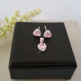 CONJUNTO CORACAO ZIRC PEDRA ROSA PRATA