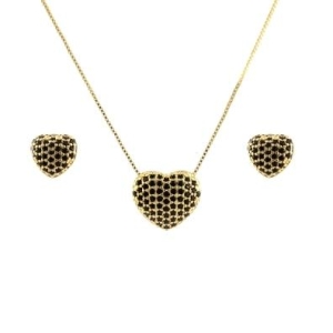 CONJUNTO CORACAO CRAVEJADO PRETO BANHADO A OURO 18K TAM45CM