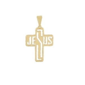 PINGENTE CRUZ ESCRITO JESUS BANHADO A OURO 18K