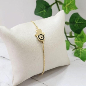 PULSEIRA MAO DE FÁTIMA CRAVEJADA VENEZIANA BANHADA A OURO 18K TAM18CM