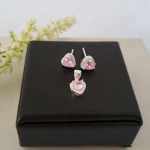 CONJUNTO CORACAO ZIRC PEDRA ROSA PRATA