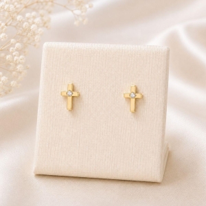 BRINCO MINI CRUZ COM UMA ZIRCÔNIA BANHADO A OURO 18K
