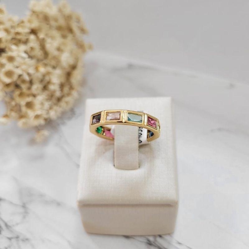 ANEL BAGUETE COLORIDO BANHADO A OURO 18K