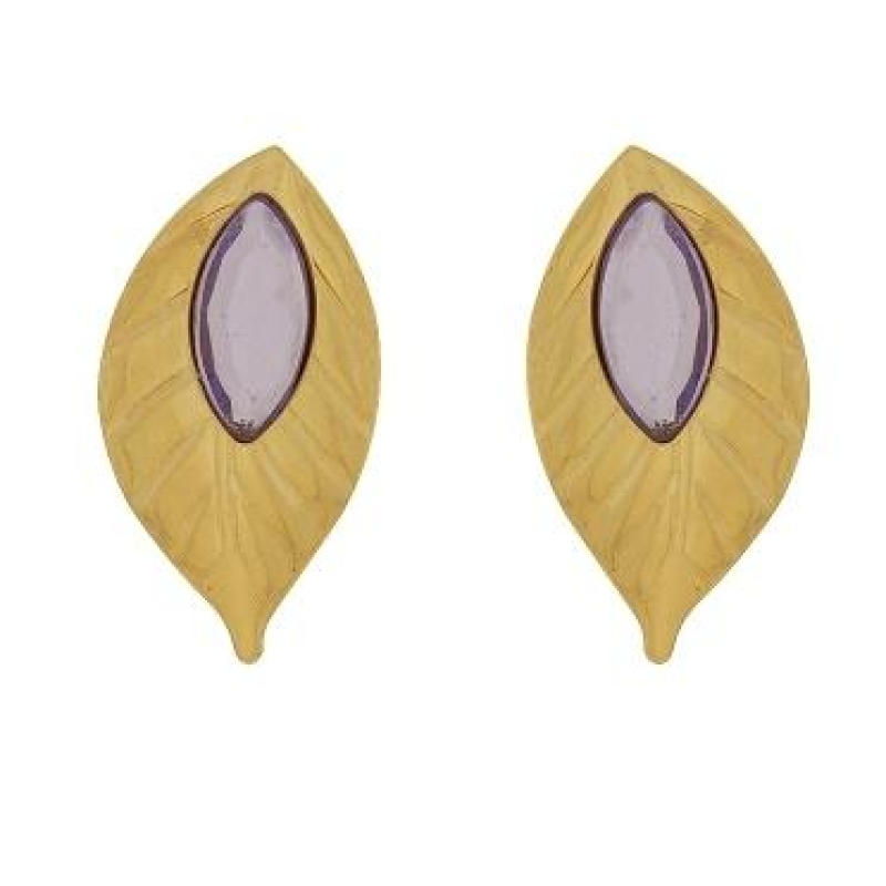 Brinco folha com uma pedra na cor lilas banhado a ouro 18k