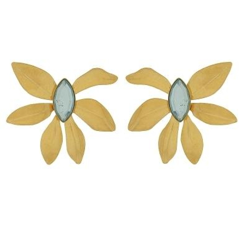 Brinco orquidea com uma pedra na cor aqua banhado a ouro 18k