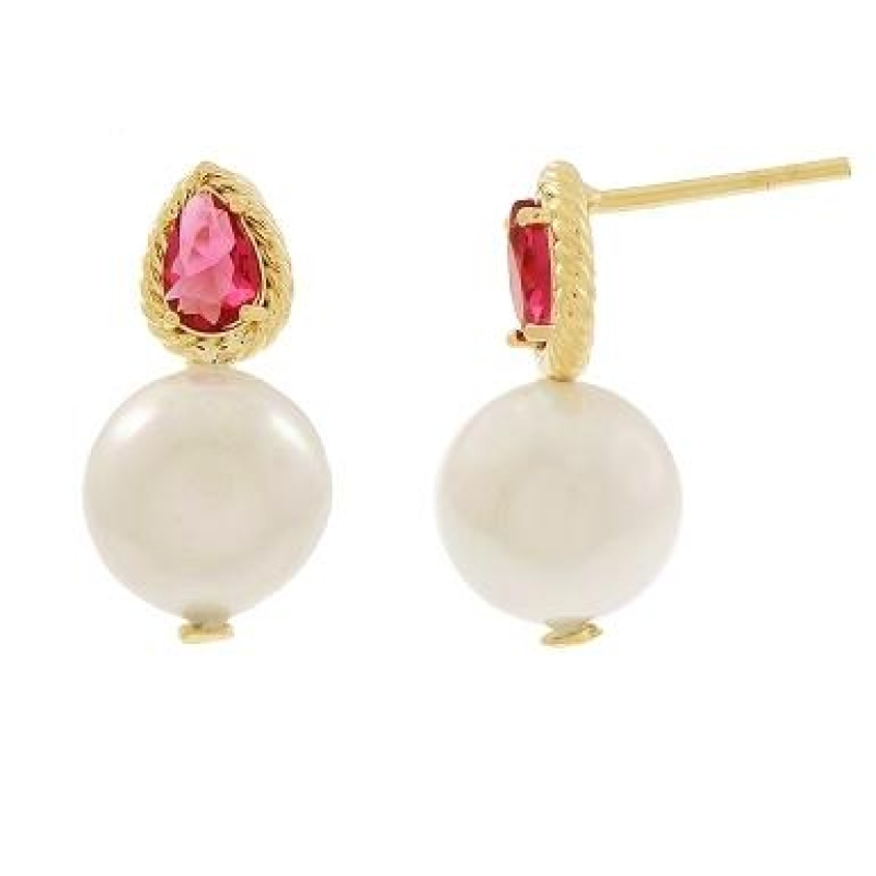 BRINCO PEROLA COM PEDRA COR RUBELITA GOTA BANHADO A OURO 18K