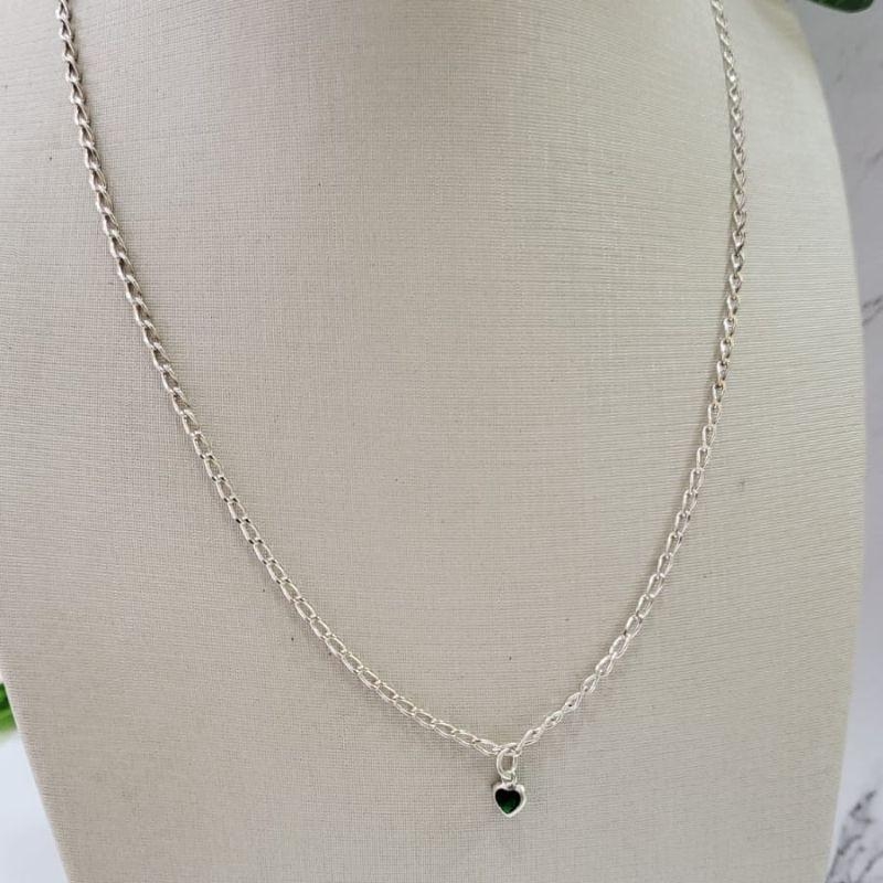 CHOCKER DE PRATA 925 ELO GRUMET PONTO LUZ CORACAO VERDE