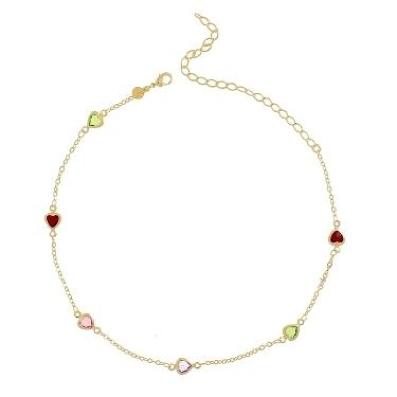 CHOKER CORACAO PEDRAS COLORIDAS BANHADO A OURO 18K