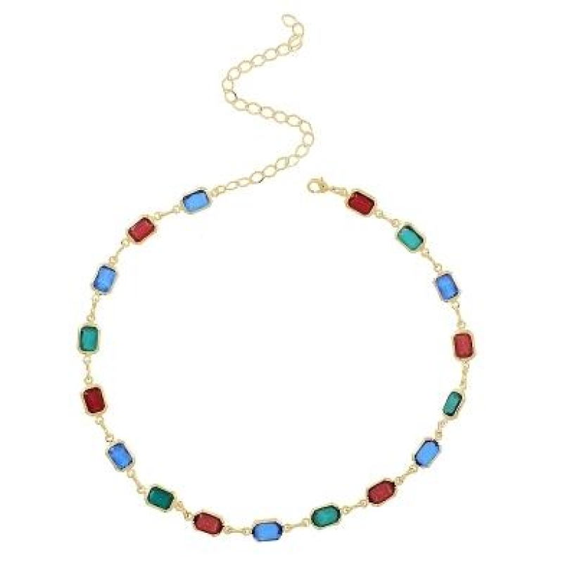 CHOKER PEDRAS COLORIDAS RETANGULAR BANHADA A OURO 18K