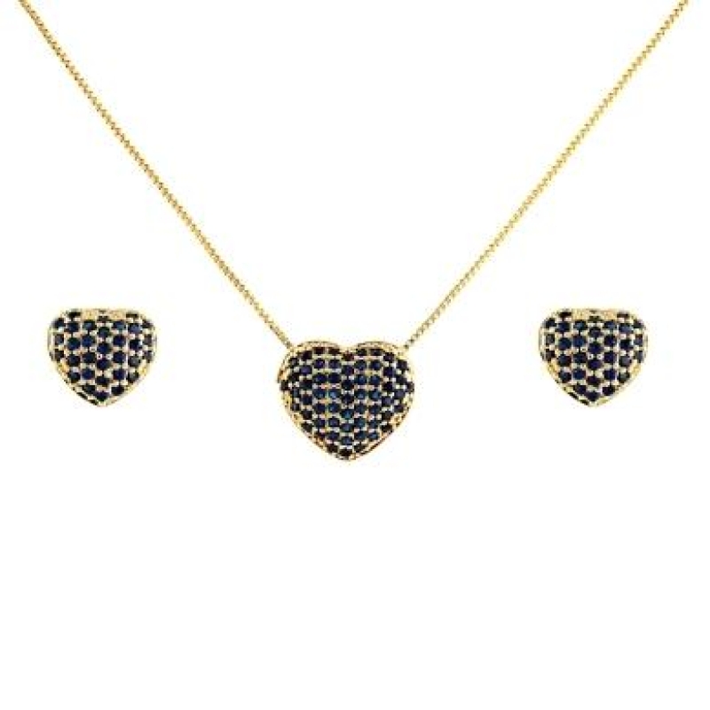 CONJUNTO CORACAO CRAVEJADO AZUL SAFIRA BANHADO A OURO 18K