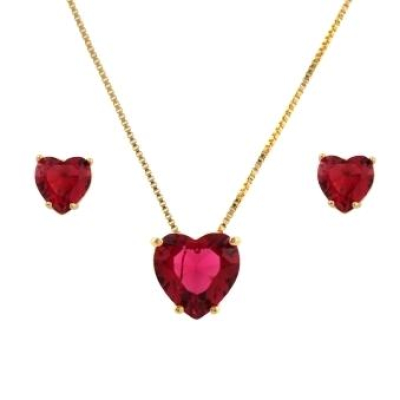 CONJUNTO CORAÇÃO GRANDE VERMELHO BANHADO A OURO 18K