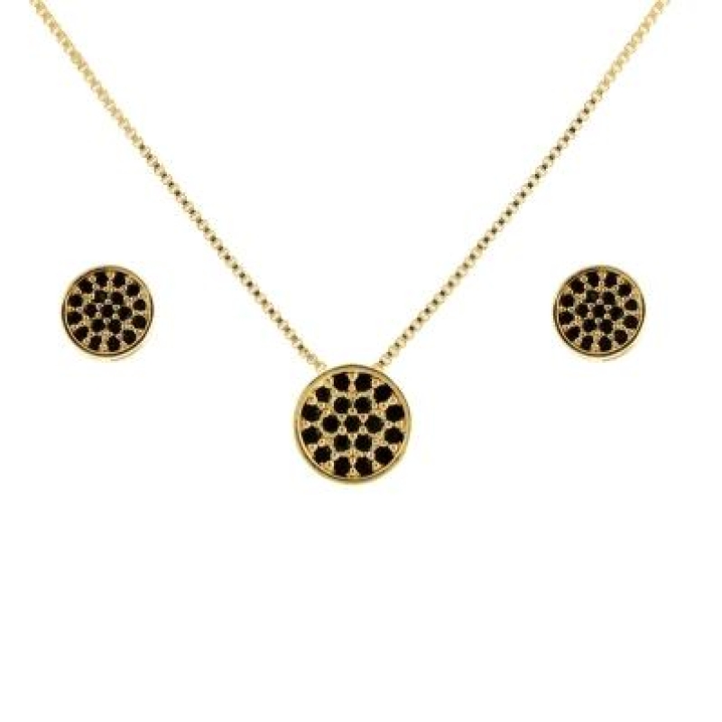 CONJUNTO REDONDINHO CRAVEJADO PRETO BANHADO A OURO 18K