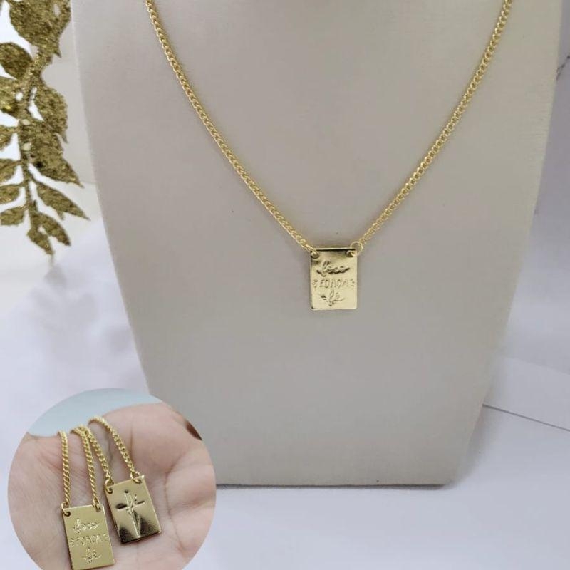 Escapulario placa foco forca e fe banhado a ouro 18k