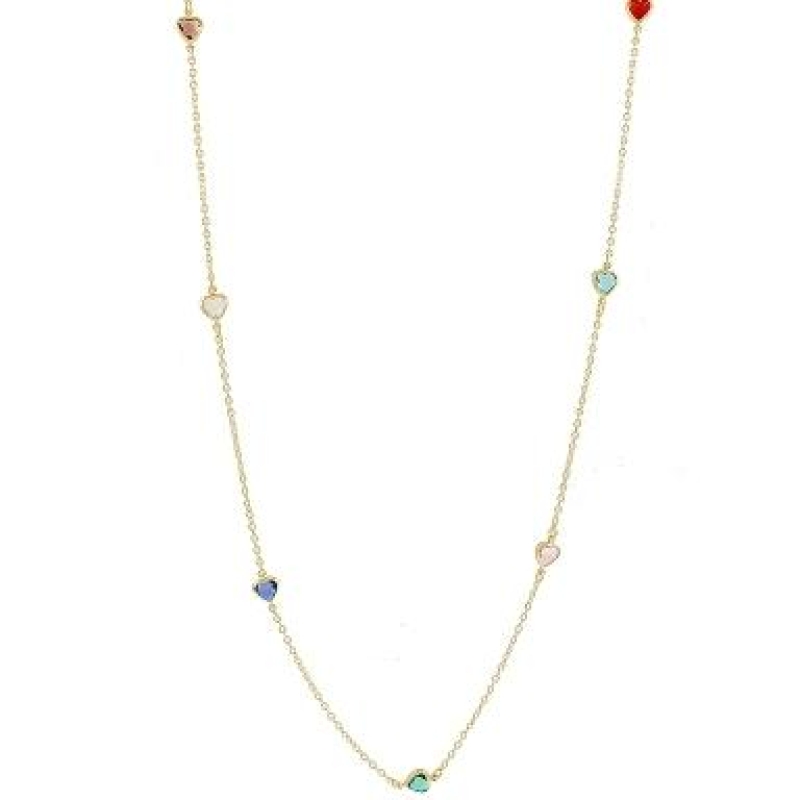 GARGANTILHA LONGA CORAÇOES COLORIDOS BANHADA A OURO 18K