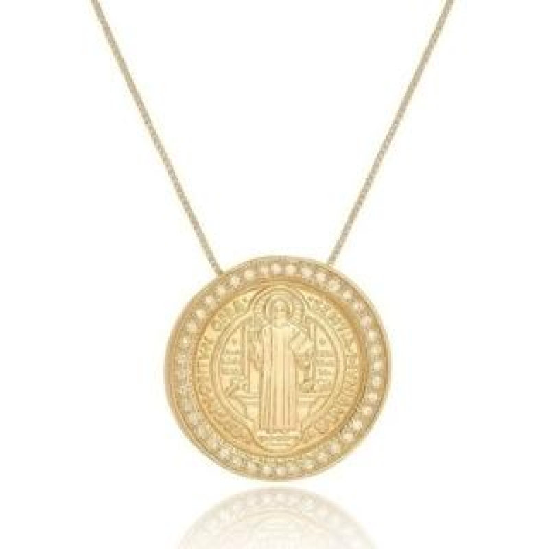 GARGANTILHA PINGENTE SÃO BENTO  CRAVEJADO BANHADO A OURO 18K