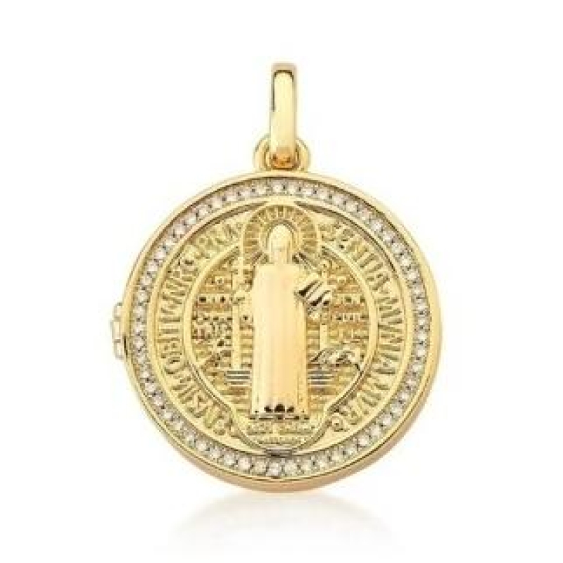 PINGENTE SAO BENTO COM MICROZIRCONIA BANHADO A OURO 18K