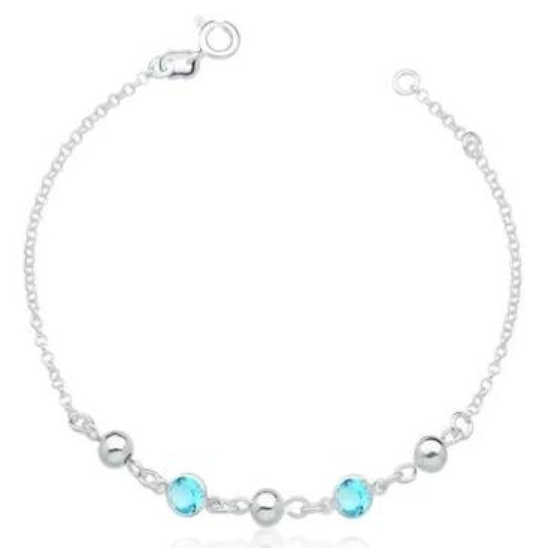 PULSEIRA DE PRATA 925 COM 2 ZIRCÔNIAS AZUL CLARO E 3 BOLINHAS