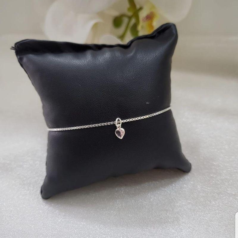 PULSEIRA DE PRATA 925 PINGENTE PEDRA CORAÇÃO ROSA