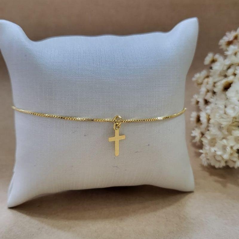 PULSEIRA VENEZIANA  COM PINGENTE CRUZ LIZA BANHADO A OURO 18K