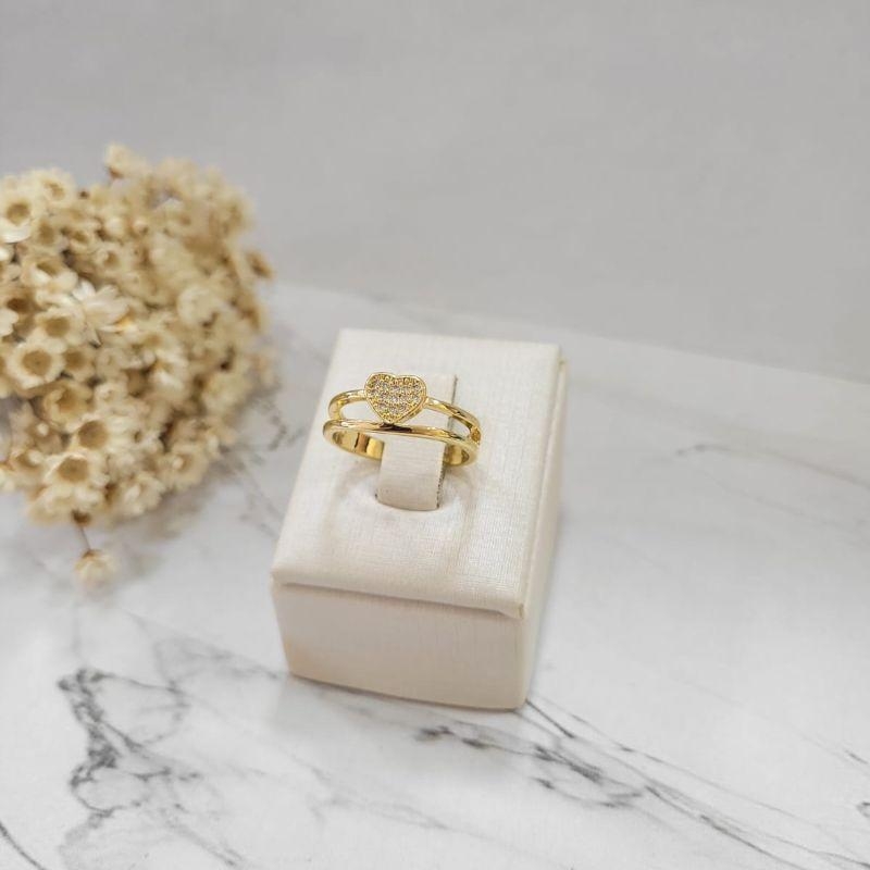 Anel aro duplo liso com coracao cravejado  banhado a ouro 18k