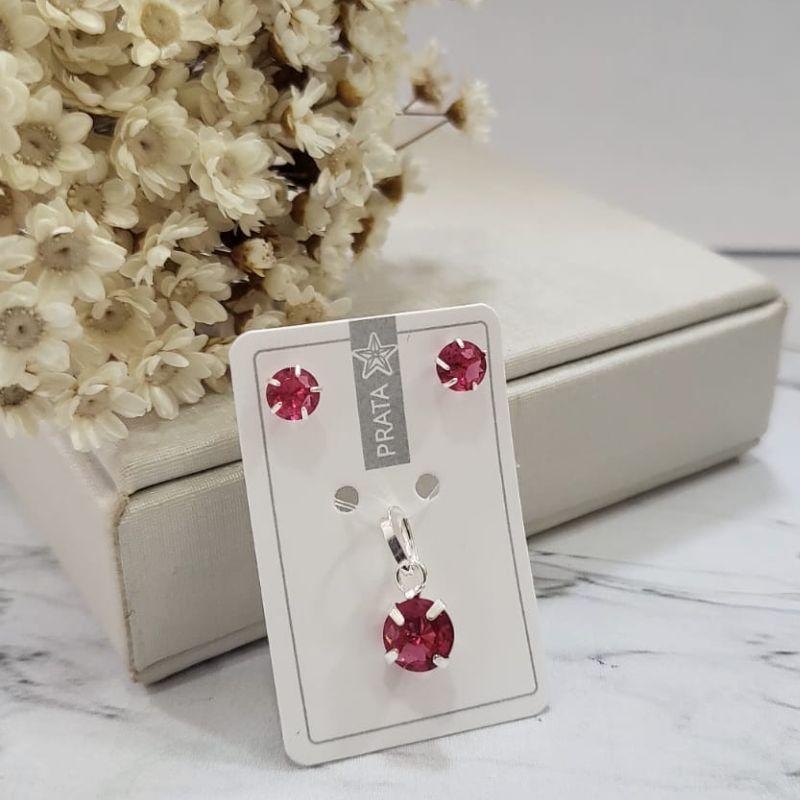 CONJUNTO BRINCO E PINGENTE PEDRA ROSA