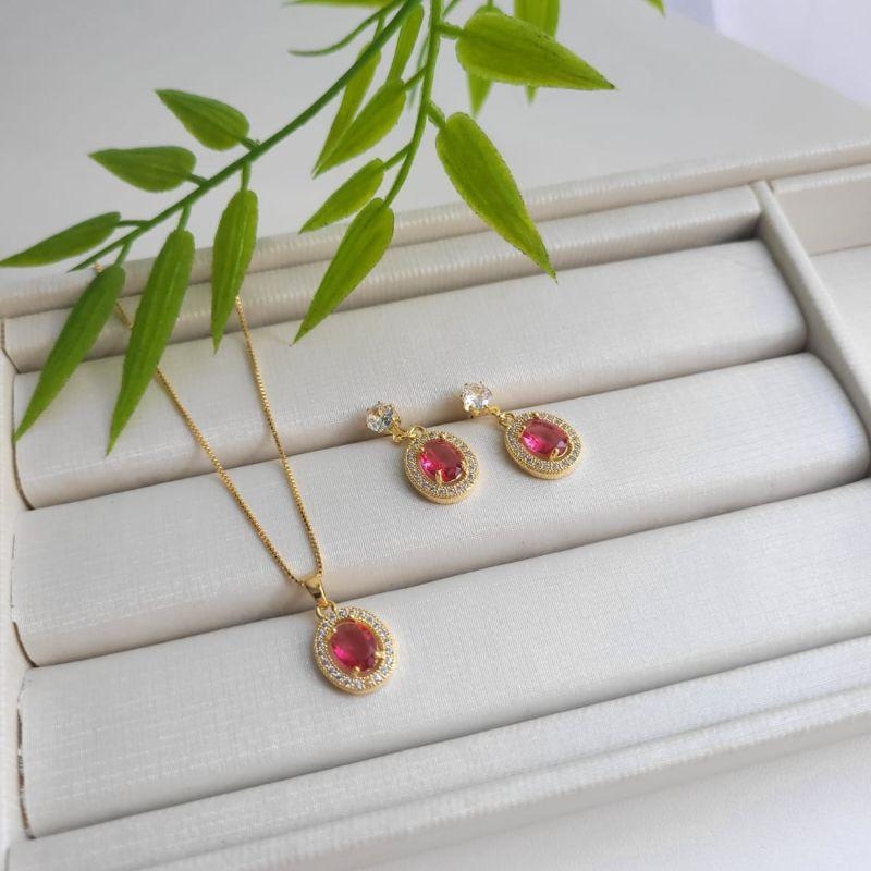 CONJUNTO PEDRA OVAL VERMELHA