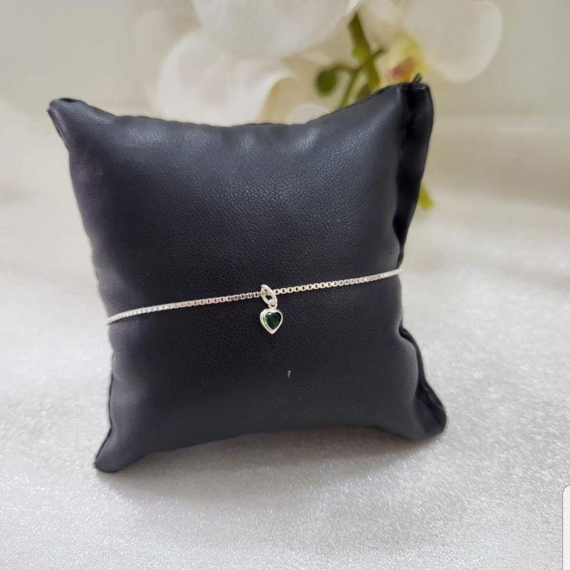 PULSEIRA DE PRATA 925 PINGENTE PEDRA CORAÇÃO VERDE  TAM18CM