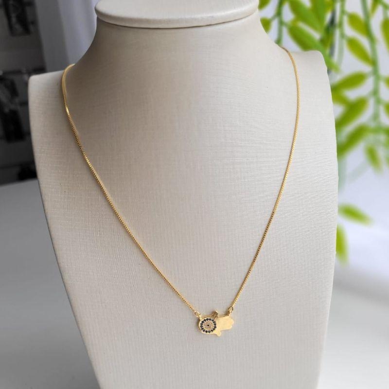 GARGANTILHA MAO DE FÁTIMA CRAVEJADA BANHADA A OURO 18K TAM45CM