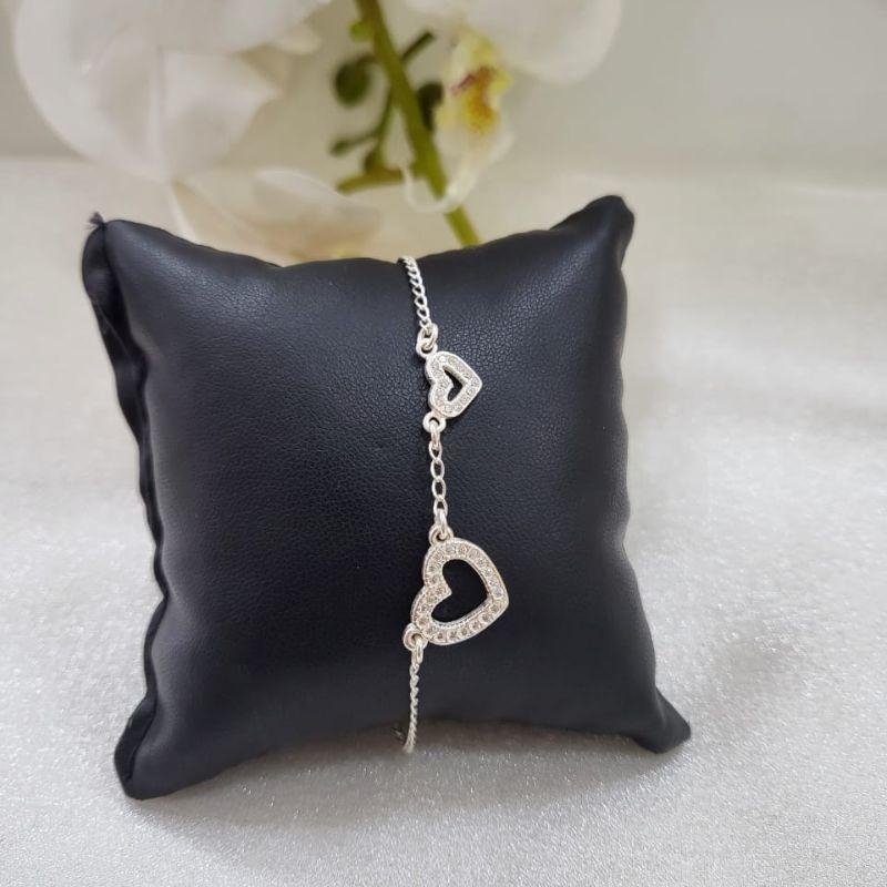 PULSEIRA 2 CORAÇÕES CRAVEJADOS PRATA 925