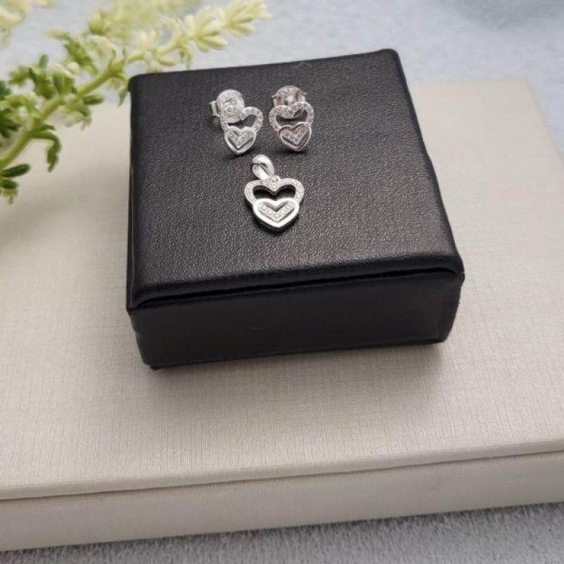 CONJUNTO CORACAO ZIRC PRATA