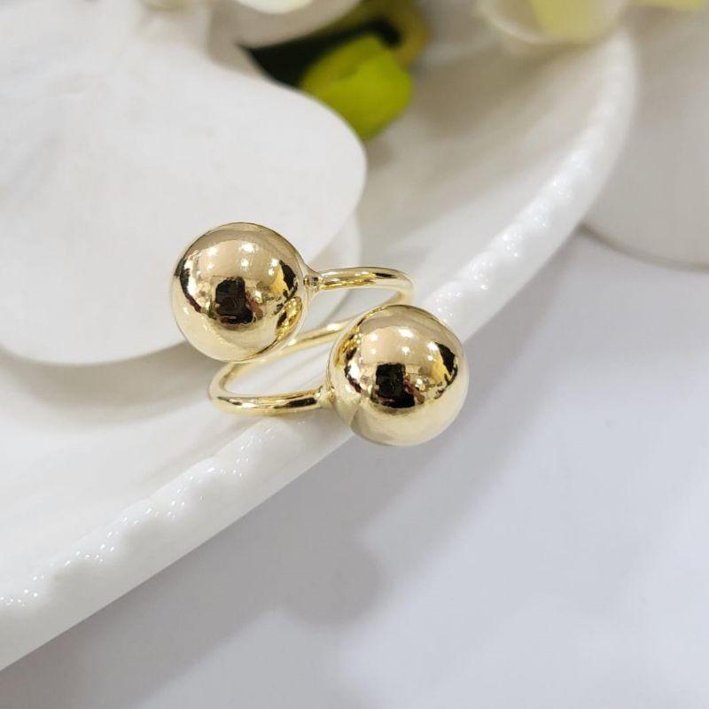 Anel com duas bolas grandes banhado a ouro 18k