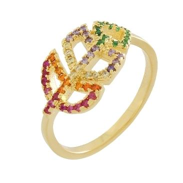 ANEL COM FOLHINHA CRAVEJADA COLORIDA BANHADA A OURO 18K