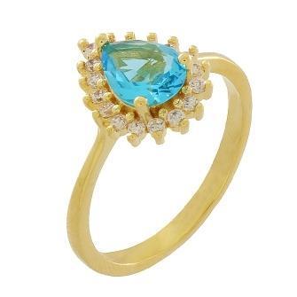 ANEL COM PEDRA GOTA AZUL CEU COM LATERAIS CRAVEJADO BANHADO A OURO 18K