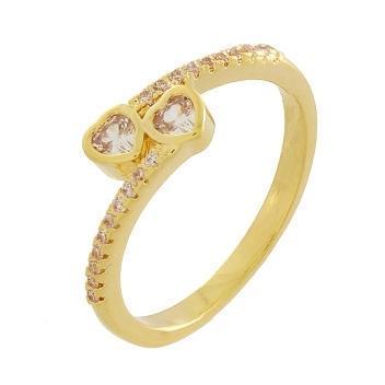Anel cravejado com duas pedras em coracao cristal banhado a ouro 18k