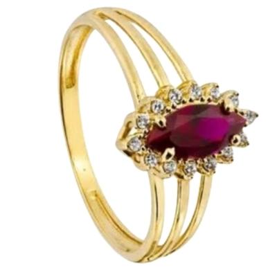 Anel de formatura feminino pedra em navete oval na cor rubi com zirconias banhado a ouro 18k