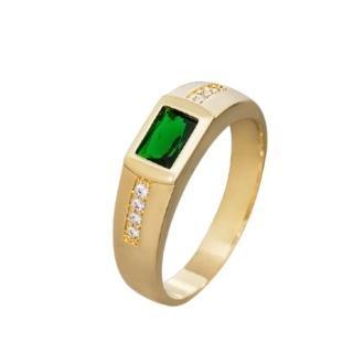 Anel de formatura masculino com pedra retangular na cor verde turmalina com oito zirconias banhado a ouro 18k