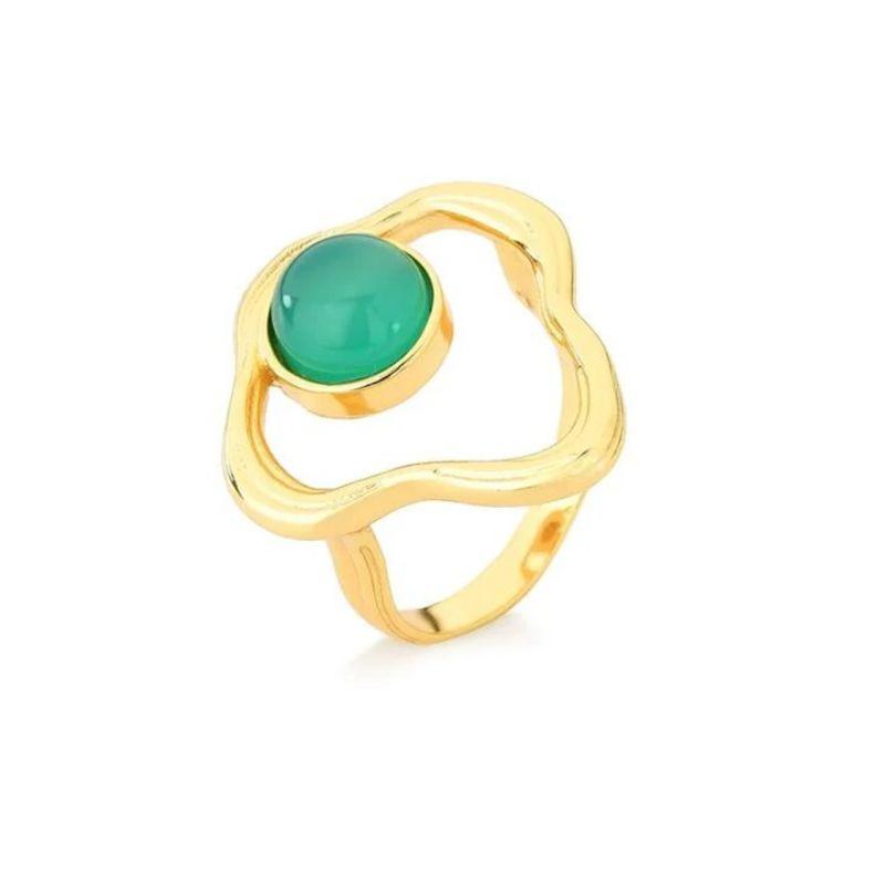 Anel geometrico pedra natural redonda agata verde banhado a ouro 18k