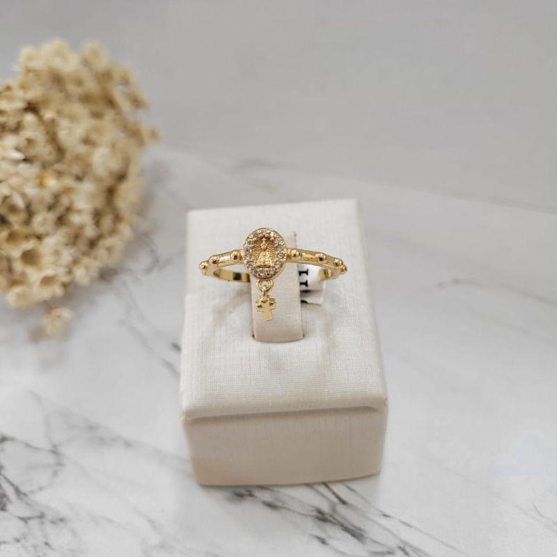 ANEL NOSSA SENHORA APARECIDA CRAVEJADA COM PINGENTE CRUZ BANHADO A OURO 18K