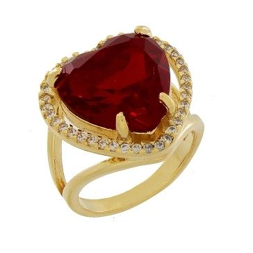 ANEL PEDRA CORAÇÃO GRANDE COR RUBI LATERAIS CRAVEJADO BANHADO A OURO 18K