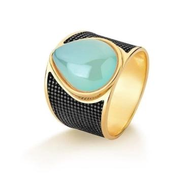 Anel pedra natural formato de gota na cor agata verde efeito perolada e rodio negro banhado a ouro 18k