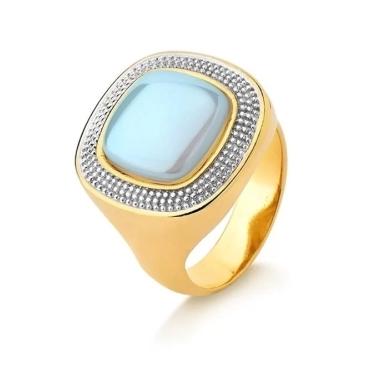 Anel pedra natural quadrada na cor azul ceu efeito perolada e rodio branco banhado a ouro 18k