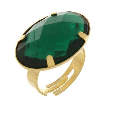 Anel regulavel com uma pedra oval grande na cor esmeralda banhado a ouro 18k