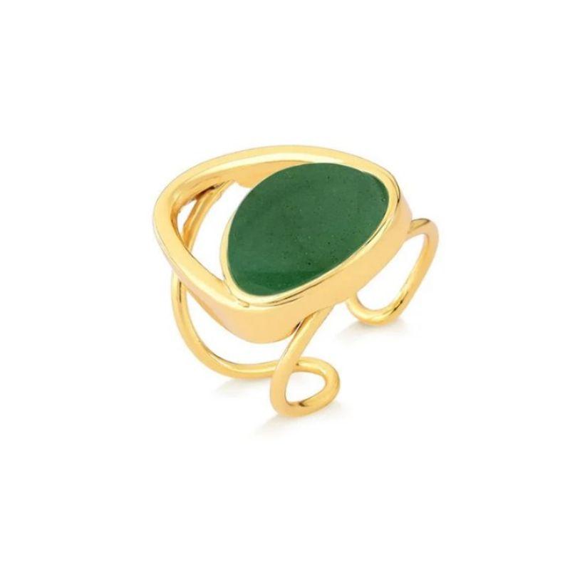 Anel regulavel vazado pedra natural oval quartzo verde banhado a ouro 18K