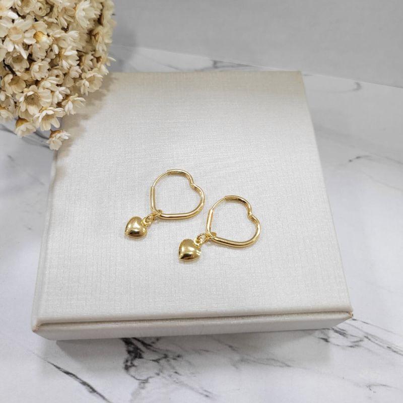 ARGOLA CORACAO PEQUENA COM PINGENTE DE CORACAO CHEIO DOURADO 2,9CM   BANHADO A OURO 18K