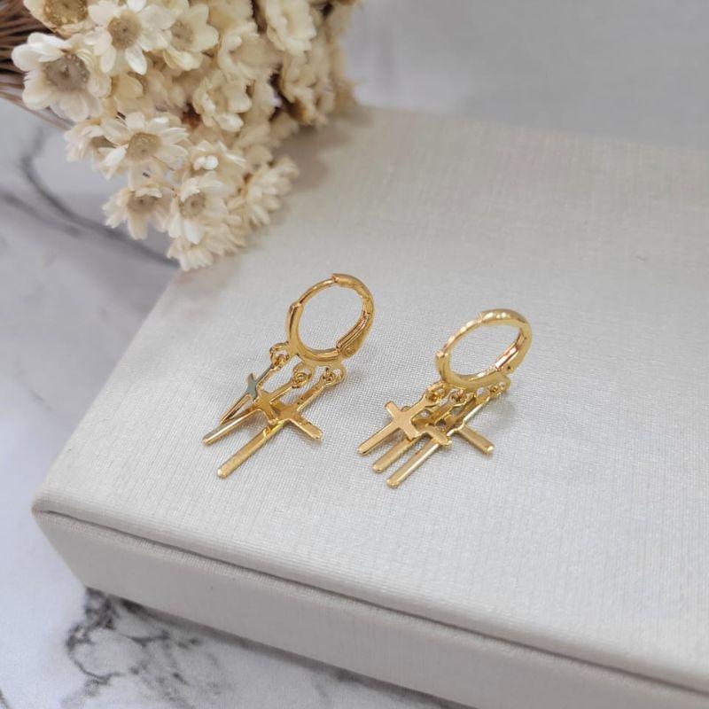 ARGOLINHA CLICK COM 3 CRUZES BANHADO A OURO 18K